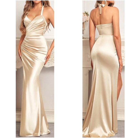Luxe Champagne Satin Halter Bodycon Split Thigh Formal Black Tie Prom Dress - Picture 4 of 4